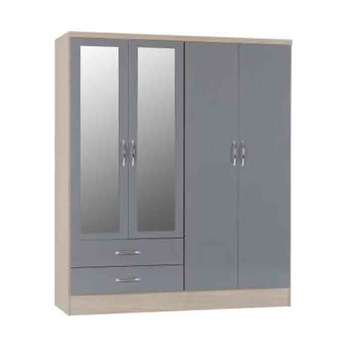 Nevada 4 Door 2 Drawer Mirrored Wardrobe in Grey