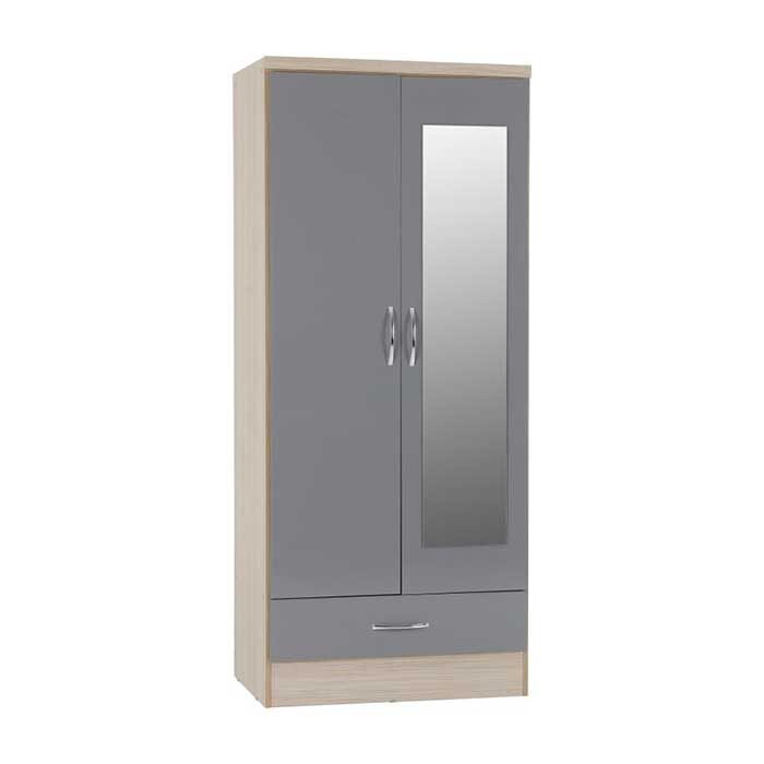 Nevada 2 door 1 drawer mirrored wardorbe in grey