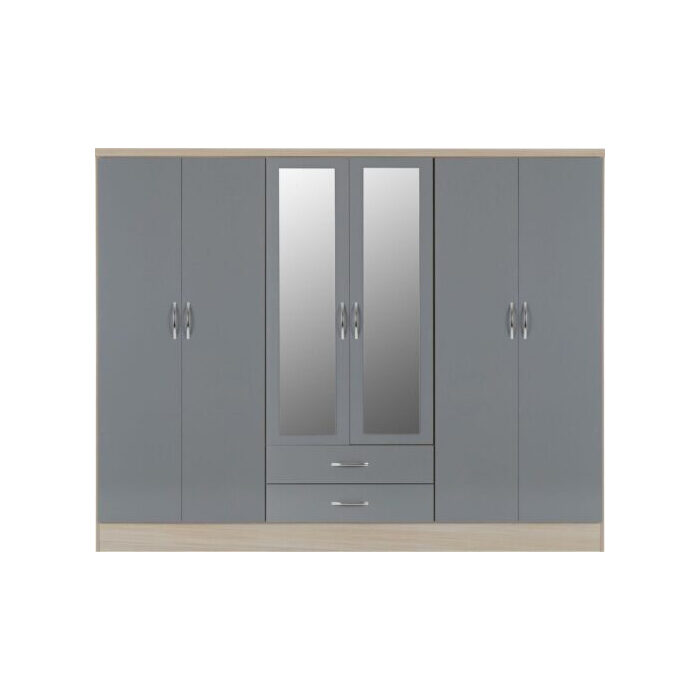 Nevada 6 Door 2 Drawer Mirrored Wardrobe Grey